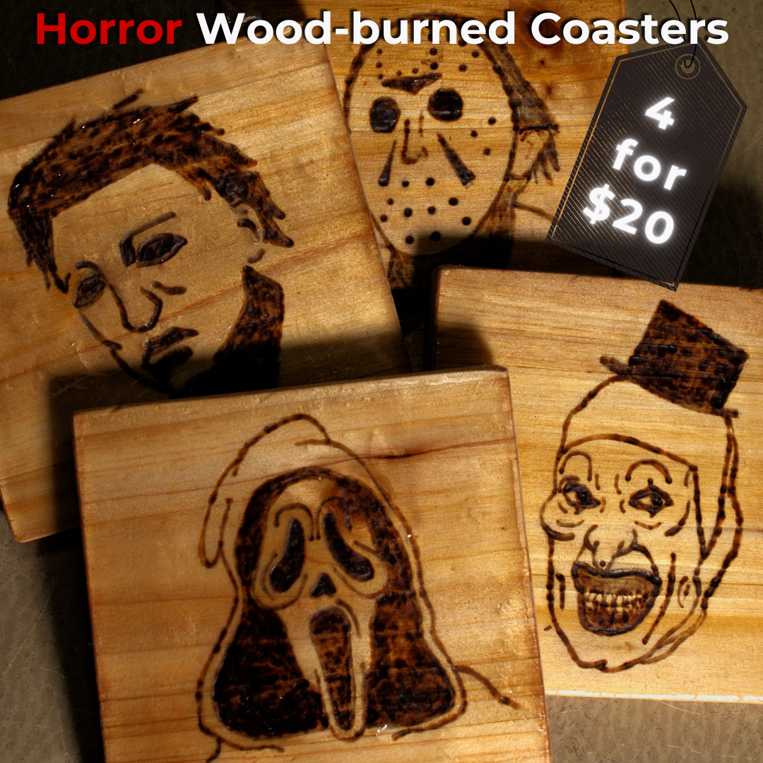 Horror Wood-Burned Coasters (4-Pack)
