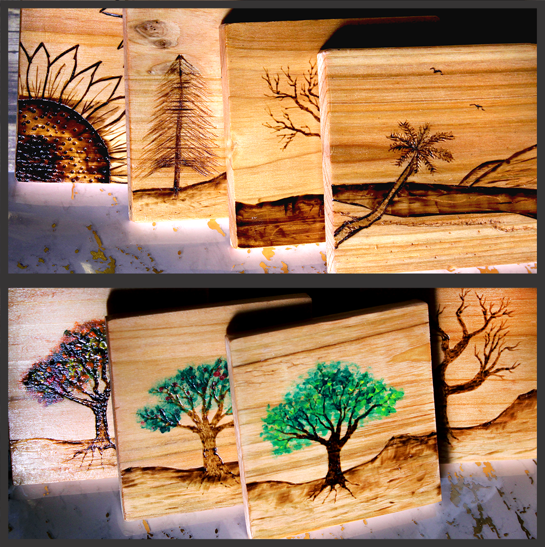 4-Pack Painted Wood-Burned Coasters